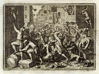 Engraved print of people fighting in chaotic city street.