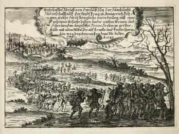 Print of long procession of people on foot and some horses with wagons walking out of a city across hills, with German text above. 