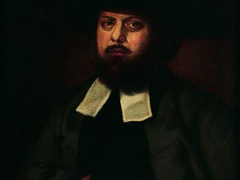 Painting of bearded man in hat facing viewer.