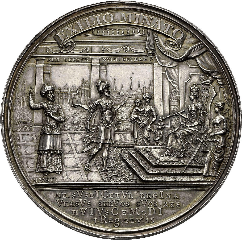 Medal embossed with queen on throne before several people and Latin inscription. Medal embossed with queen on throne before several people and Latin inscription.