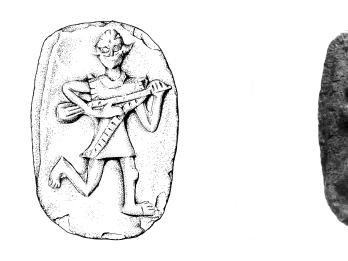 Drawing of man playing lute and dancing; clay object with man playing lute and dancing.