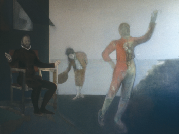 Painting depicting costumed figure raising left hand in the right foreground, who is watched by a seated person in shadow to the left, while a figure in background bows with hat in hand; painting of two figures running away from viewer followed by a figure with head bowed, and another figure facing viewer holding a basket, with a ship in the background. 