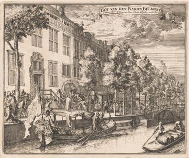 Drawing of angled view of house exterior and canal in front of it, with individuals in boats on canal arriving at the front door.
