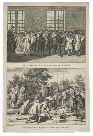 Print of two scenes, both with French text below: the top showing men in large room walking in circle with books, the bottom showing men shoveling dirt onto grave. 