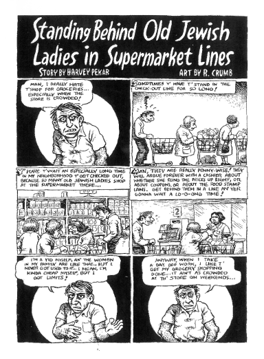 Comic book page split into six panels featuring a man facing the viewer in several panels and the rest with him in line at the supermarket, and English text describing waiting behind Jewish ladies at the supermarket. 