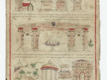 Manuscript page with 3 rows of illustrations of parts of buildings with Hebrew text above.
