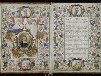 Facing-page manuscript with Latin text on right-hand page surrounded by floral border and man in circular frame on top and bottom of page, and portrait of man on left-hand side surrounded by floral border and two cherubs with man in frames on top and bottom of page. 