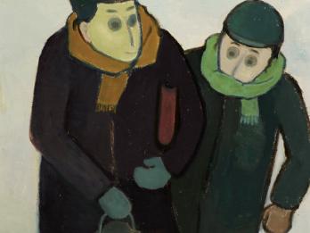 Painting of two men in winter clothes holding a lantern and walking through the snow, with two small buildings behind them.