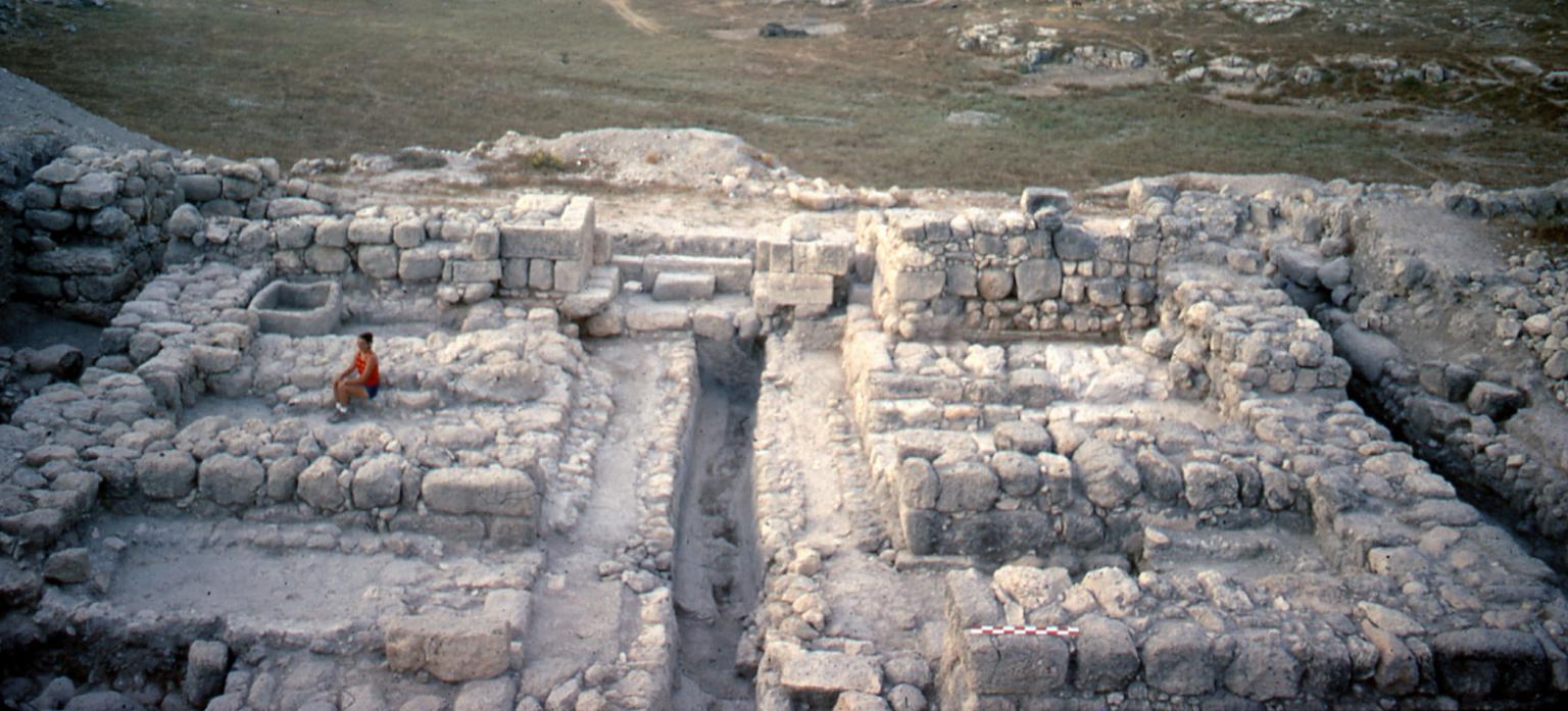 Aerial photograph of stone city ruins.
