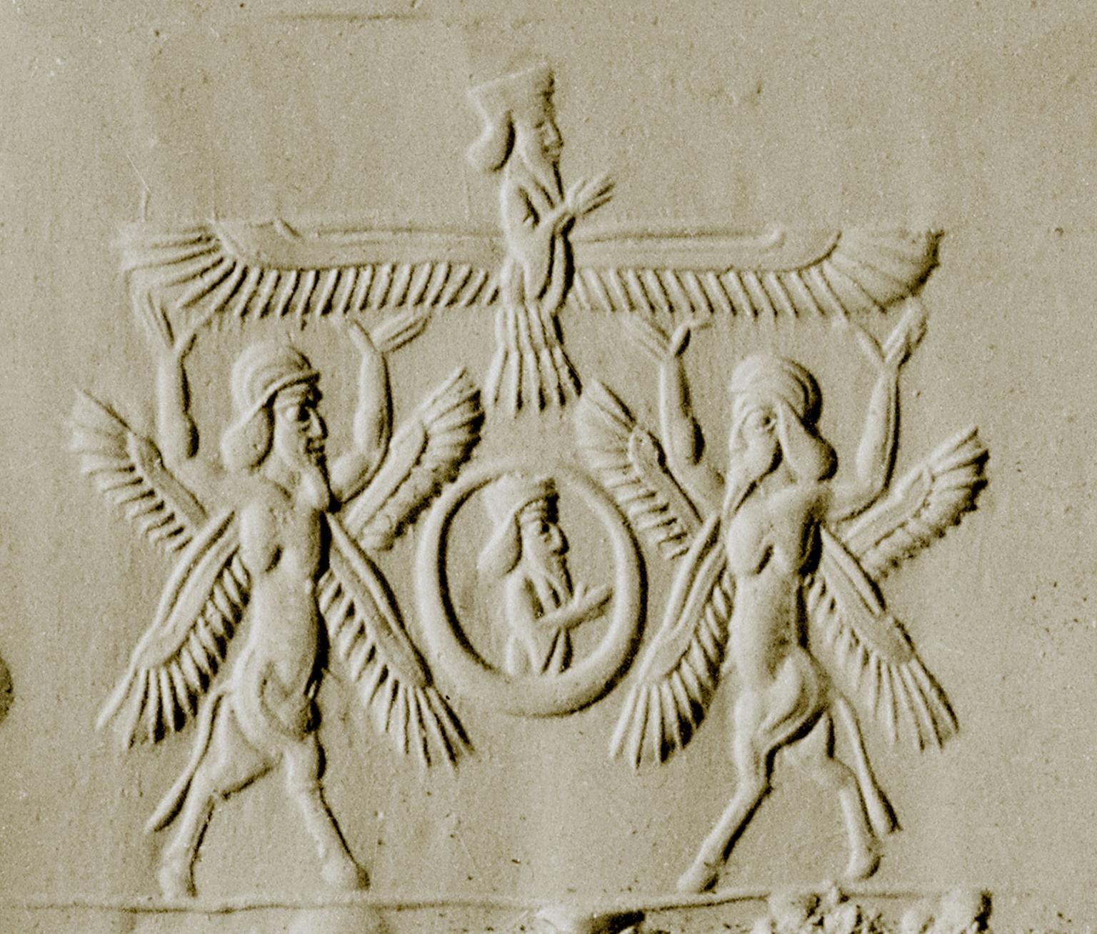 Impression of two winged figures holding up a third winged figure.