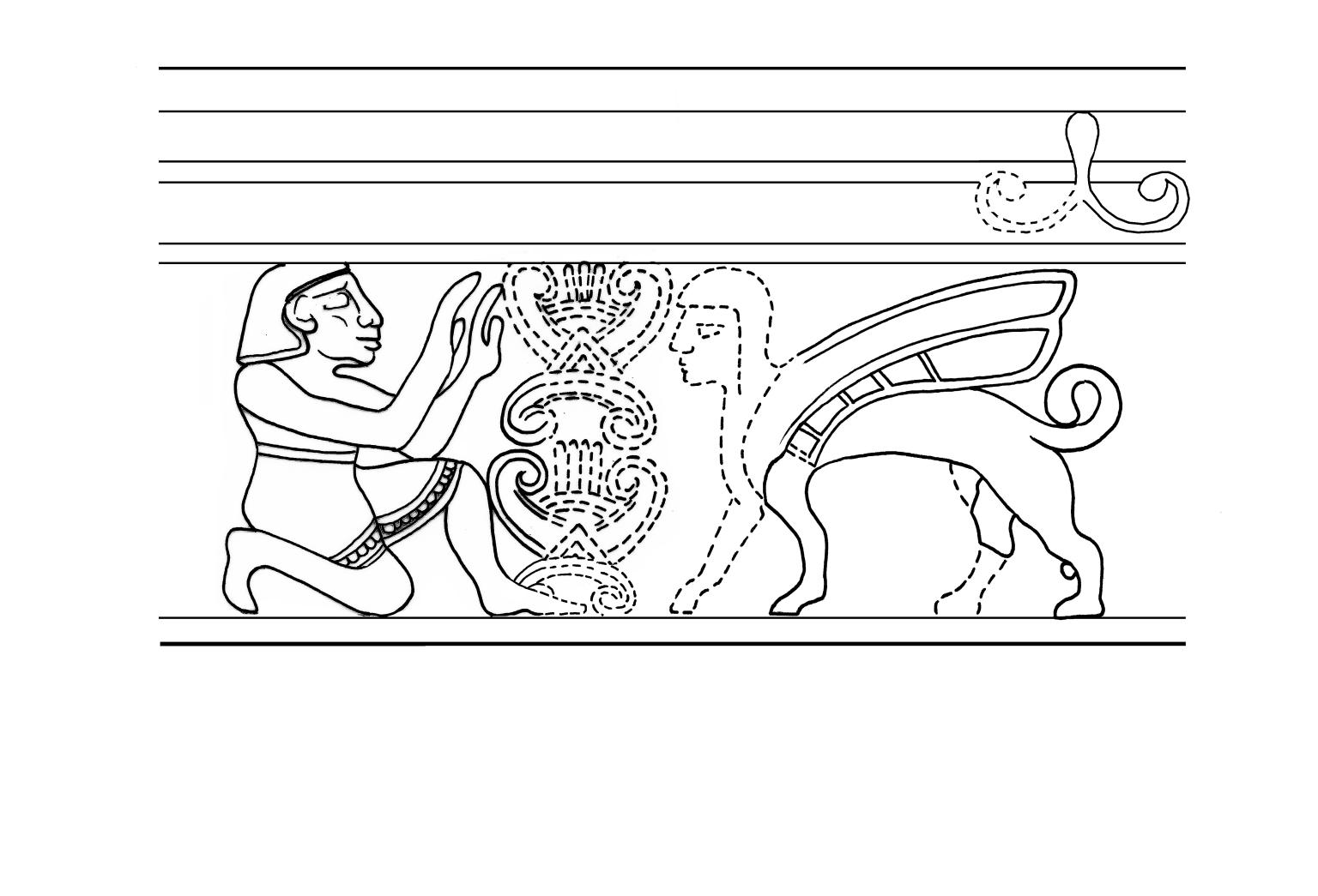 Drawing of figure crouched down next to central altar and winged sphinx, under set of parallel lines.