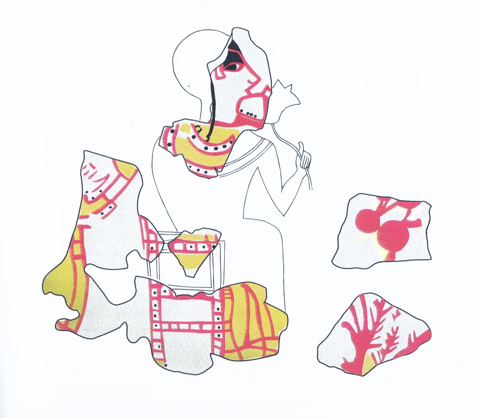 Drawing of fragmentary mural depicting seated figure wearing wide-collared garment with long sidelock visible in front of ear, with floral motifs on fragments next to figure.