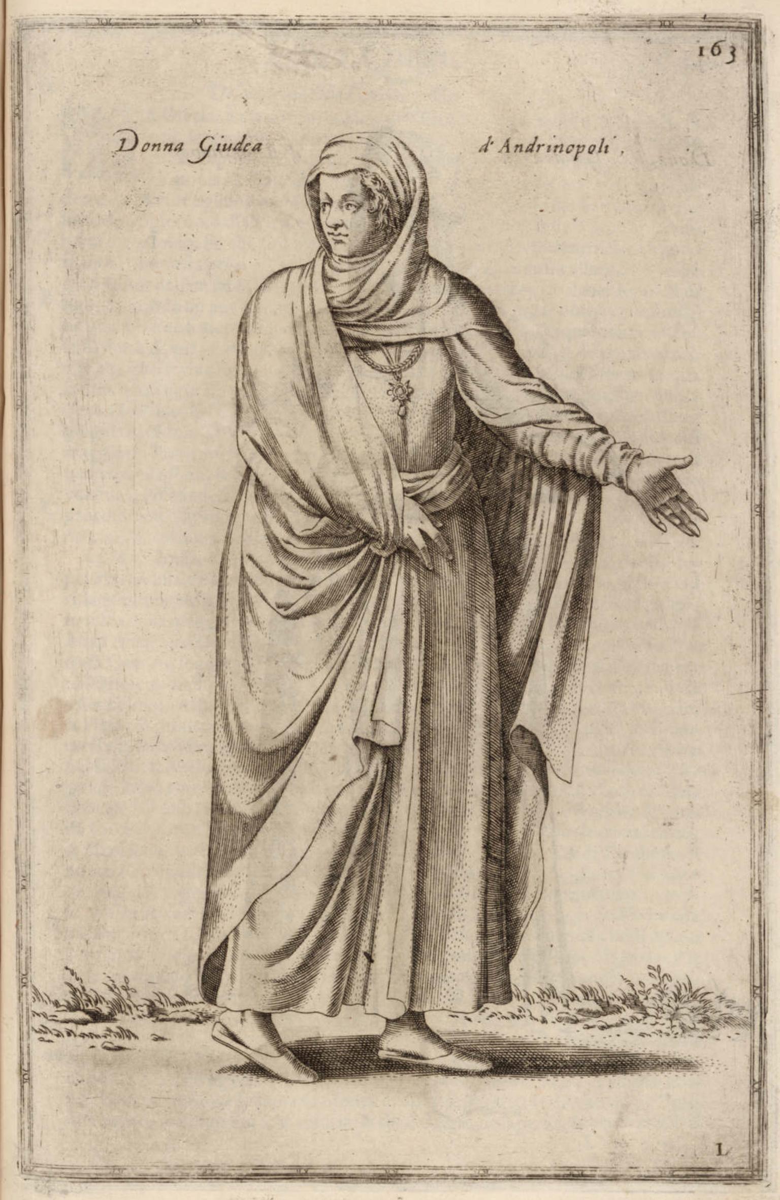 Print of standing woman wearing necklace and robes with head covering and Italian heading.
