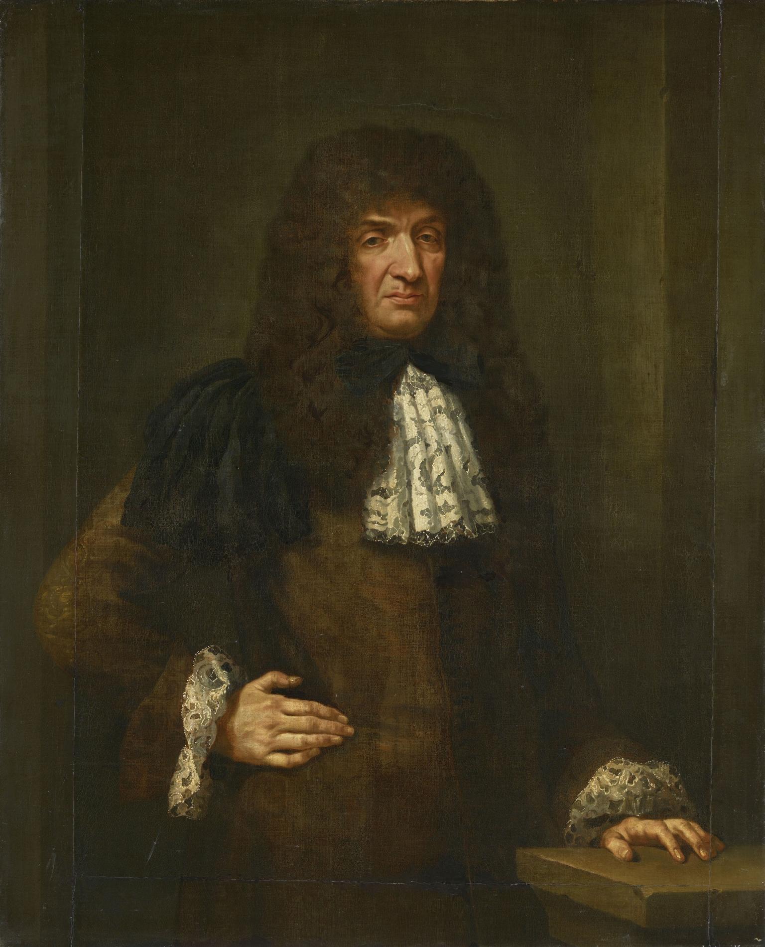 Portrait painting depicting man with long wavy hair standing facing viewer with right hand on hip, dressed in coat with lace cuffs and lace collar.