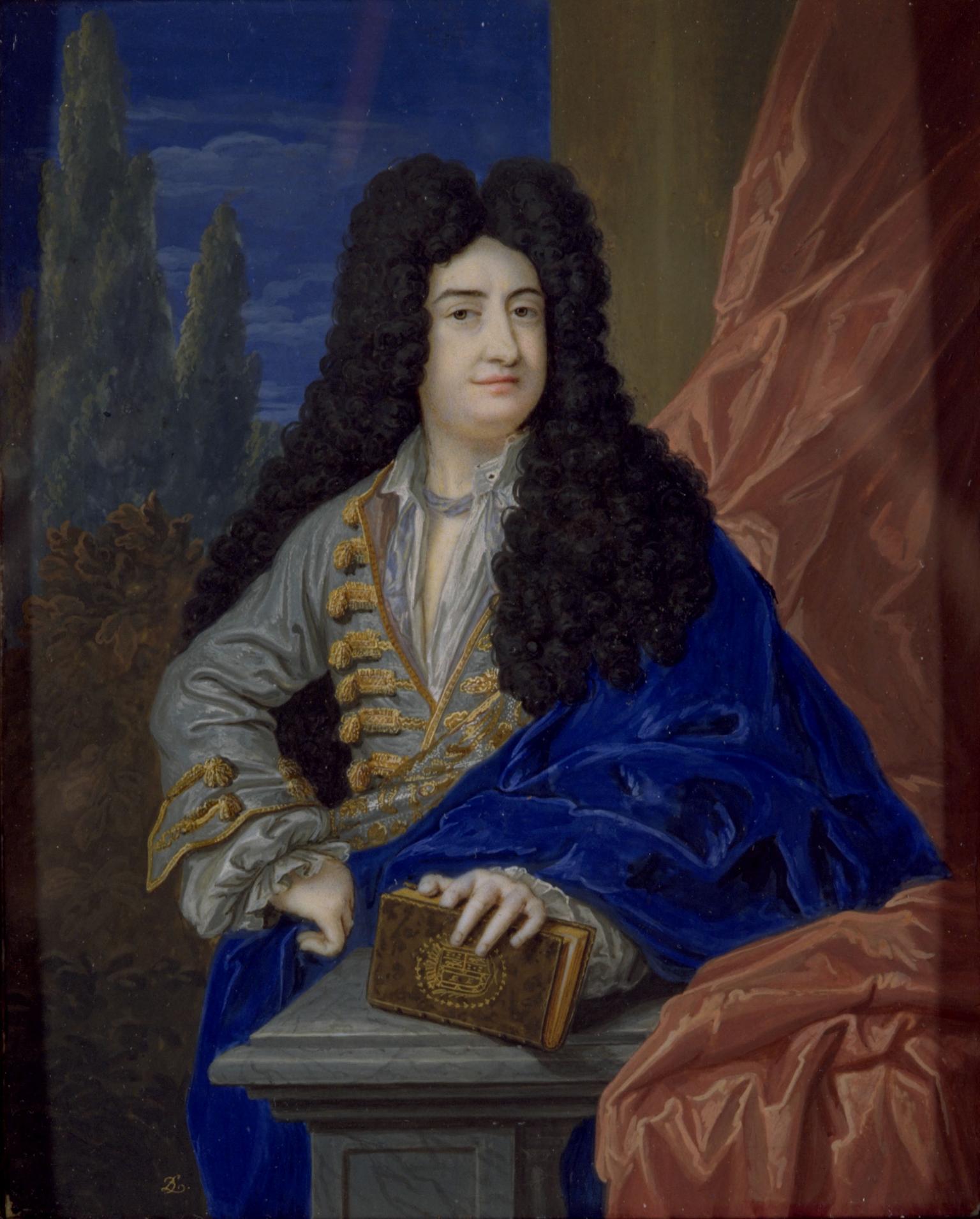 Portrait painting of man wearing long wig, facing viewer, and holding book in left hand, and cloak draped over left arm.