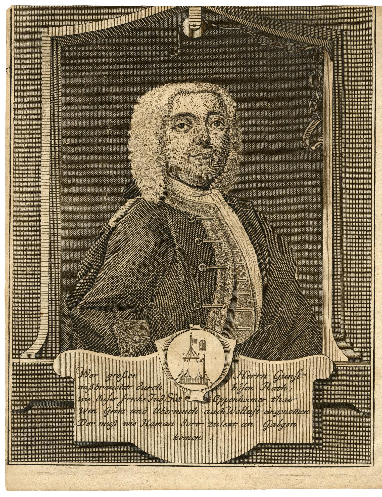 Portrait print of man in curly wig and jacket with German caption and small drawing of gallows below portrait.