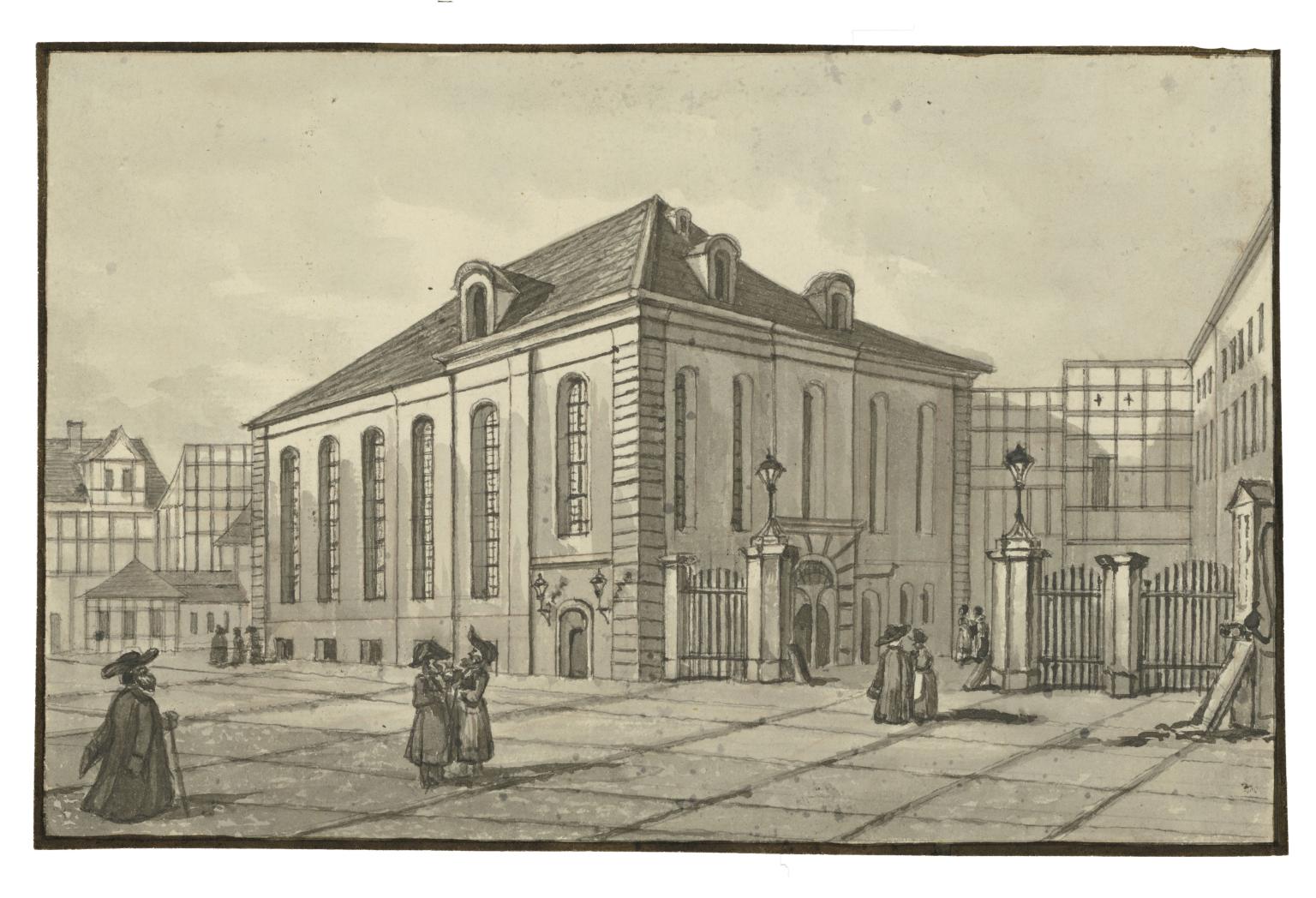 Print engraving of building exterior with tall windows and several people standing on courtyard outside.