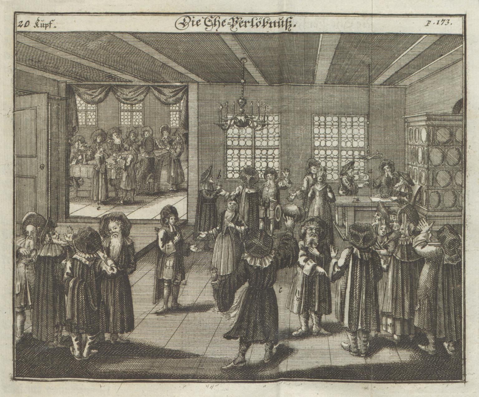 Print engraving with groups of people in room talking, with open door to another room in background. 