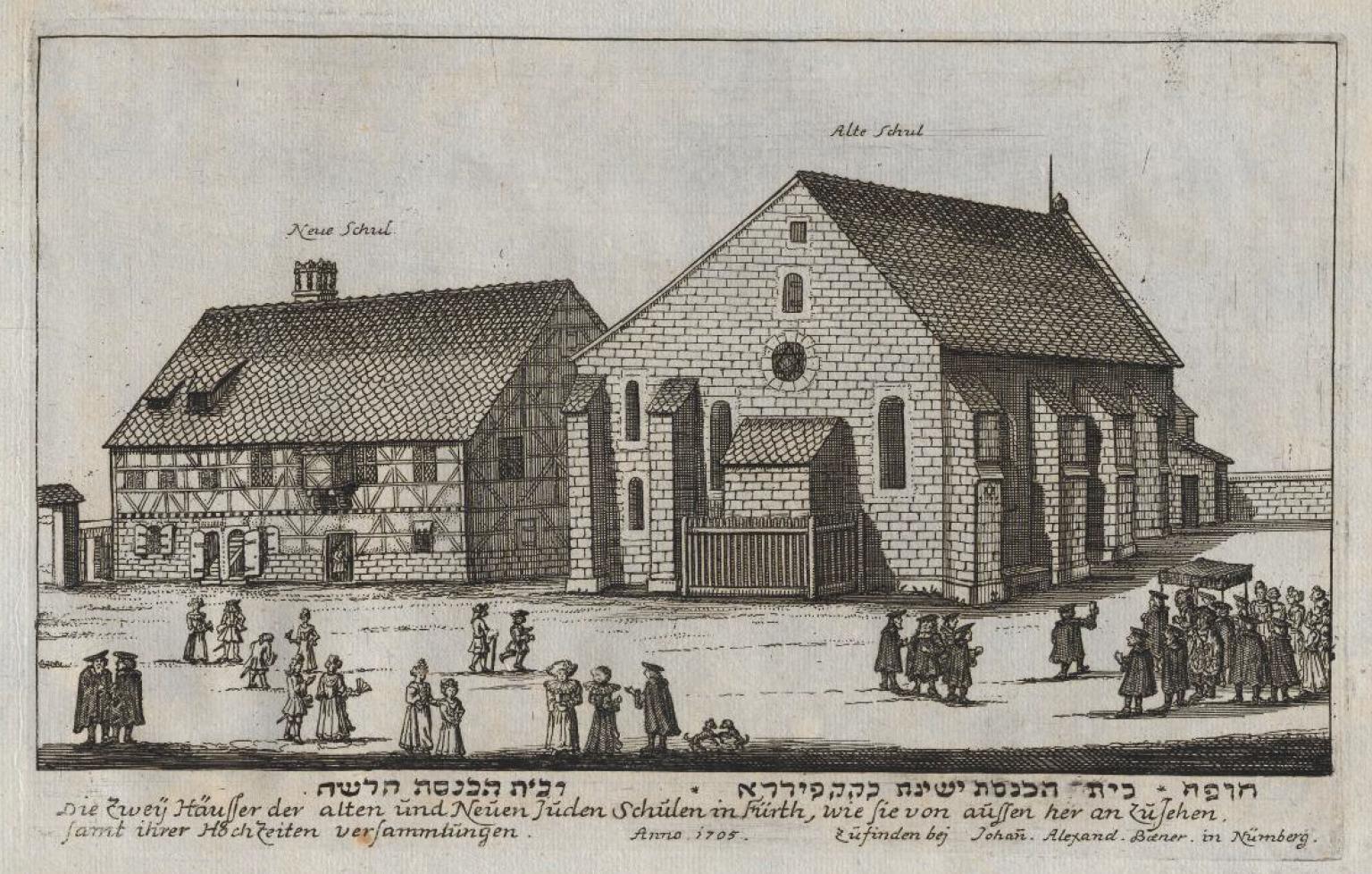 Print engraving of two buildings with tile roofs next to each other, one of mostly wood and the other of stone, with several people standing in front of them, and German writing below. 
