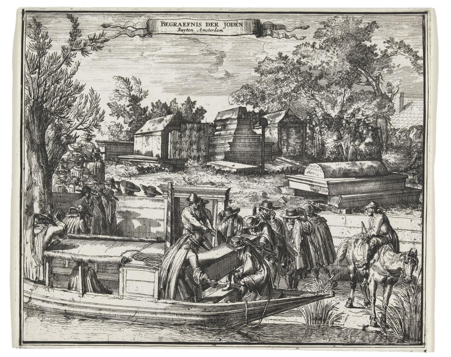 Print engraving of people on boat docking at a graveyard and lifting out a tomb. 