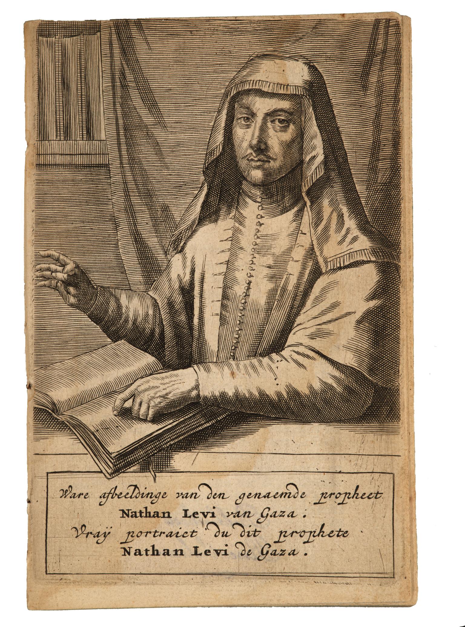 Print engraving of man in head covering pointing to open book with one hand and gesturing with the other, with Dutch and French text underneath.