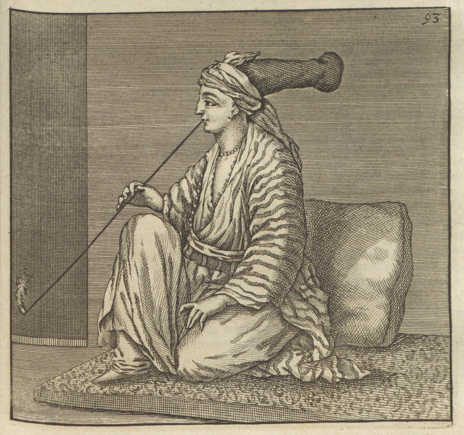 Print of seated person in large hat and robes facing to the left smoking a very long pipe. 
