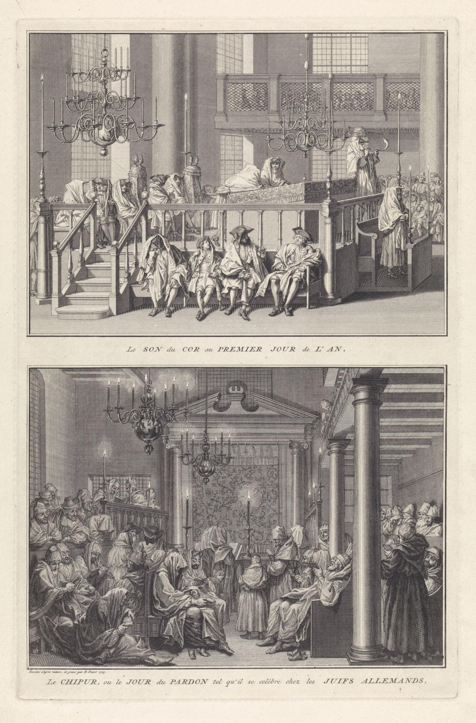 Print depicting two scenes with French text under frames: top shows men in prayer shawls sitting while one man on central platform sounds a ram's horn. Bottom image shows men in prayer shawls sitting and standing in room with several lit candles. 