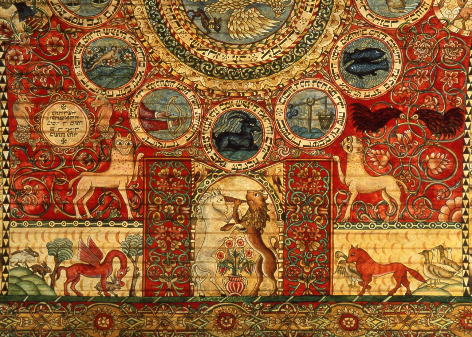 Photograph of wooden ceiling painted with animals, zodiac symbols inside circles, and floral designs.