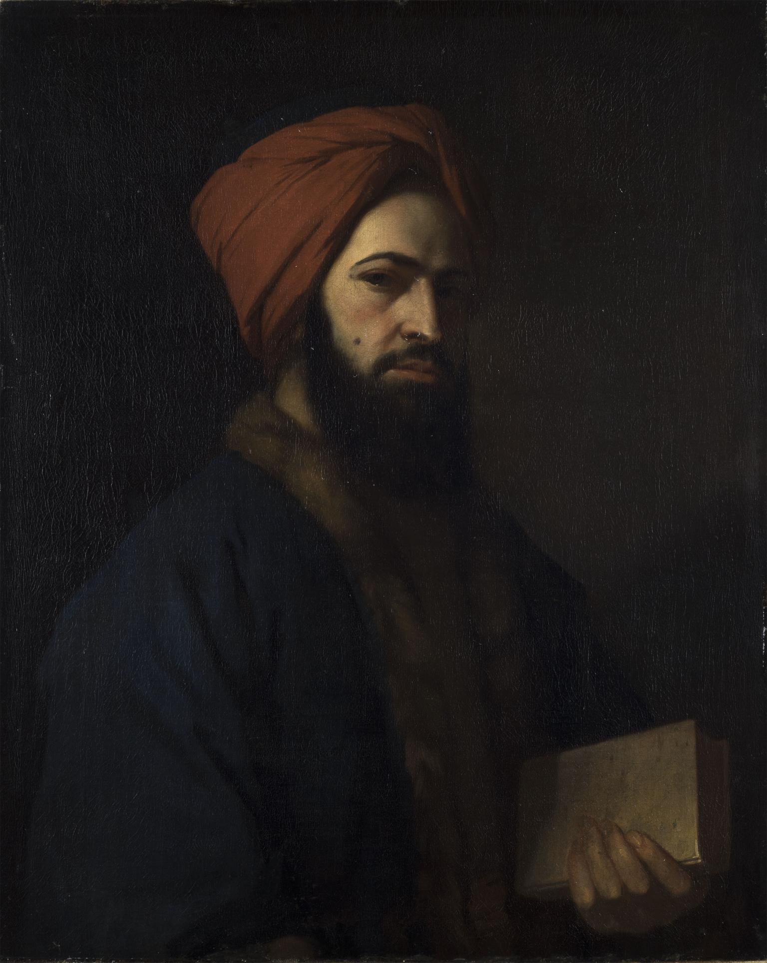 Portrait painting of bearded man in turban holding a book and facing viewer. 