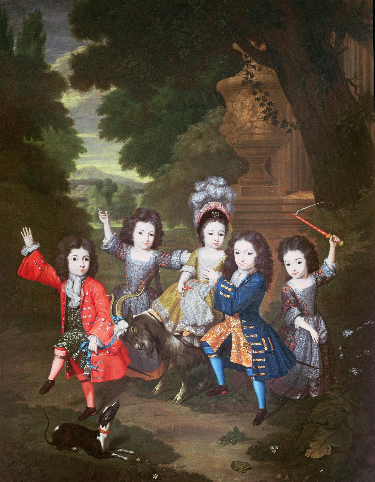 Painting of five children dancing as a dog watches.