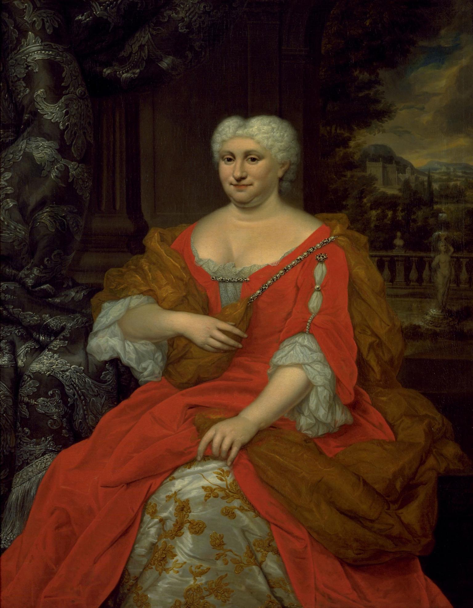 Portrait painting of seated woman wearing flowing dress and looking at viewer.