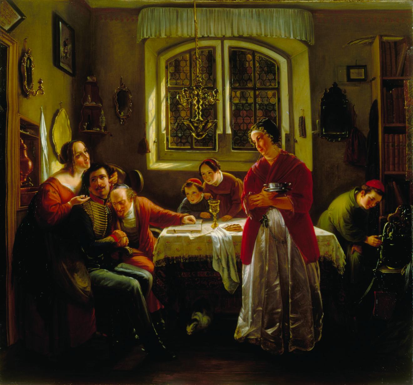 Painting of soldier in uniform seated at table surrounded by men, women, and children.