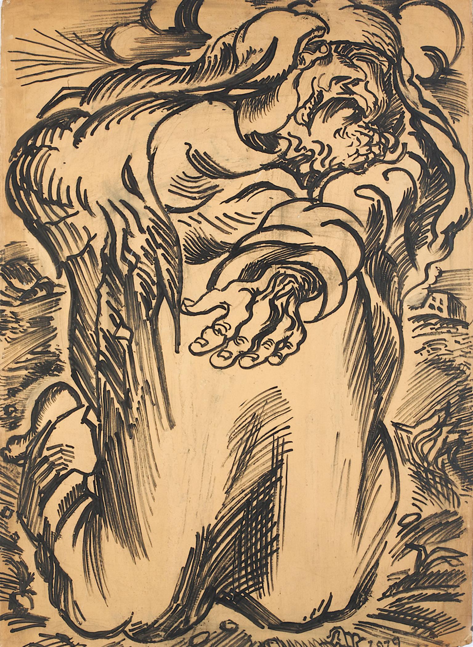 Stylized drawing of man on knees and head in one hand with the other hand outstretched toward viewer.