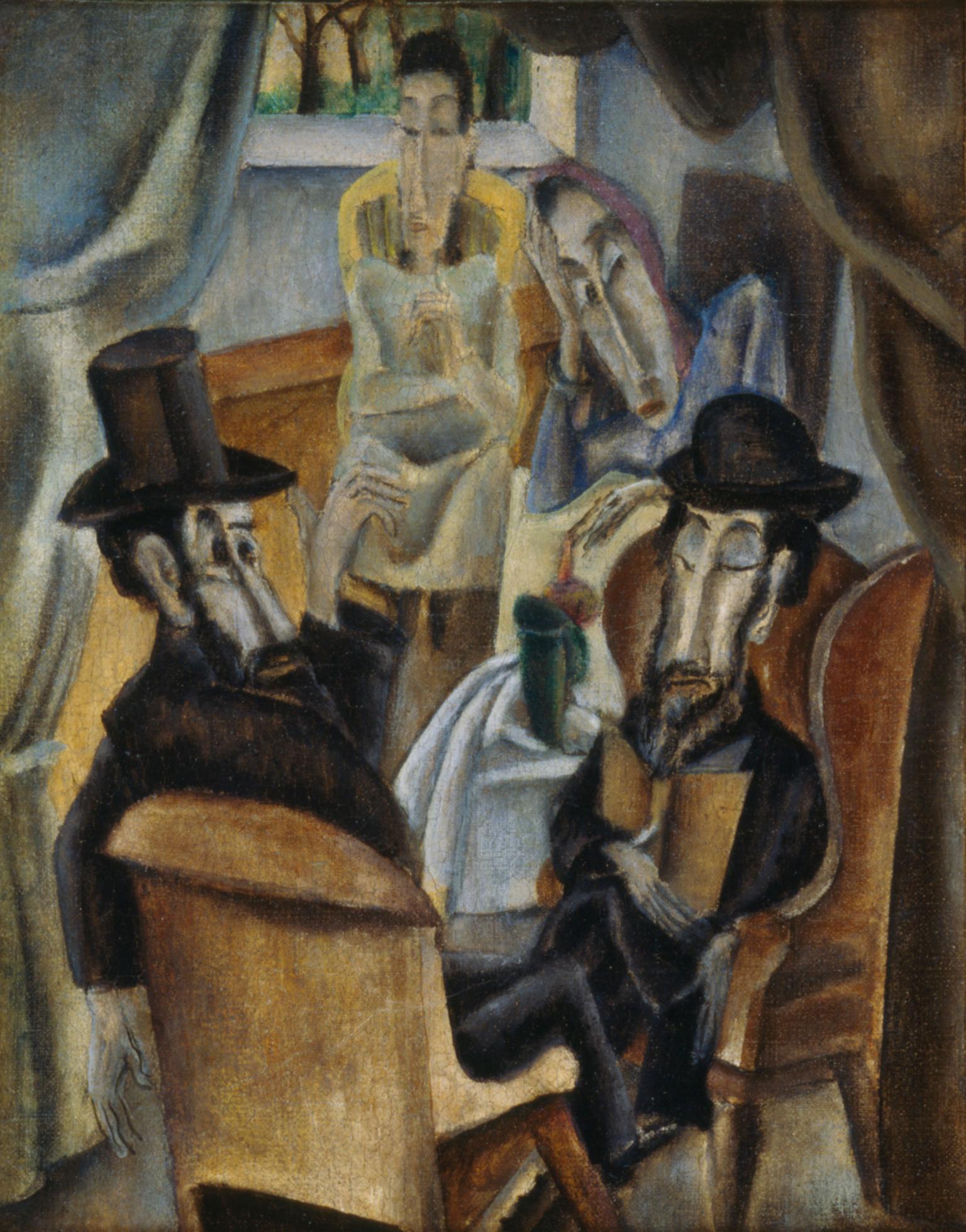 Painting of two male figures in hats sitting on chairs opposite one another in foreground and two women sitting in the background.