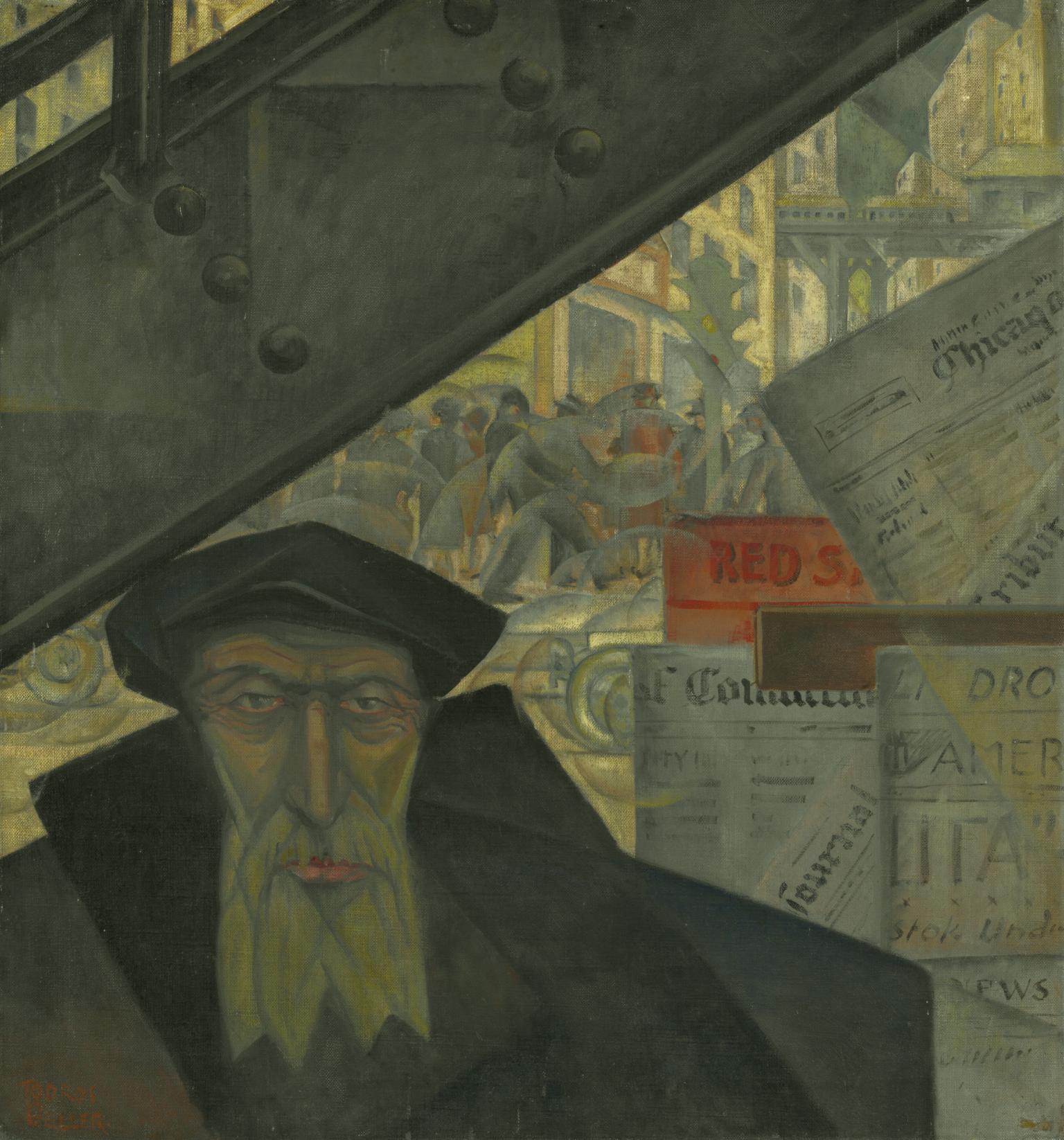 Painting of man in hat with stern expression on a busy city street next to a collage of newspapers.