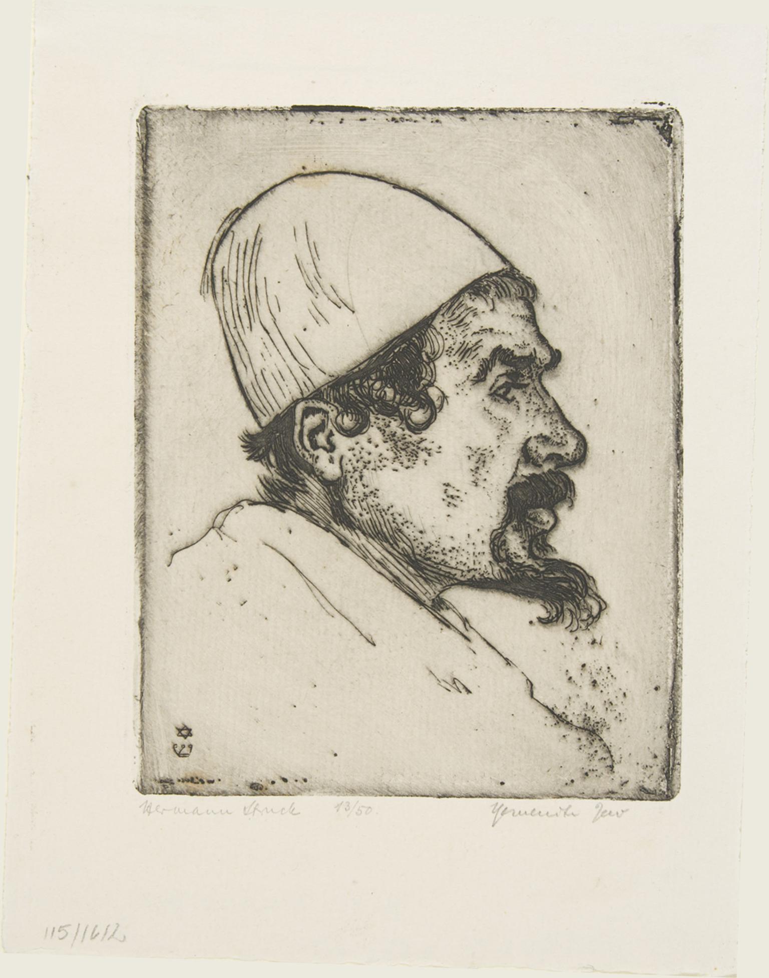Etching of man with beard wearing a hat in profile.
