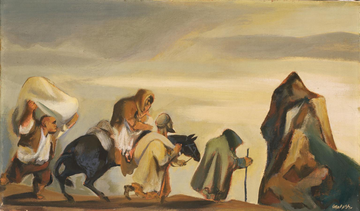 Painting of people walking through desert carrying bundles and another figure riding a horse. 