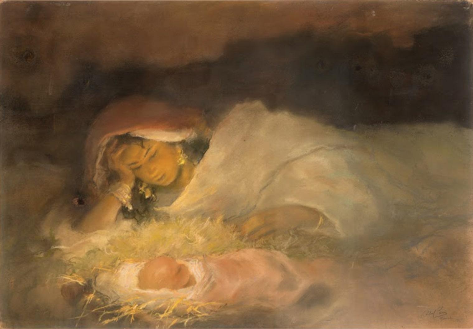 Painting of woman lying down, with her head propped up by her hand as she watches the baby lying next to her.