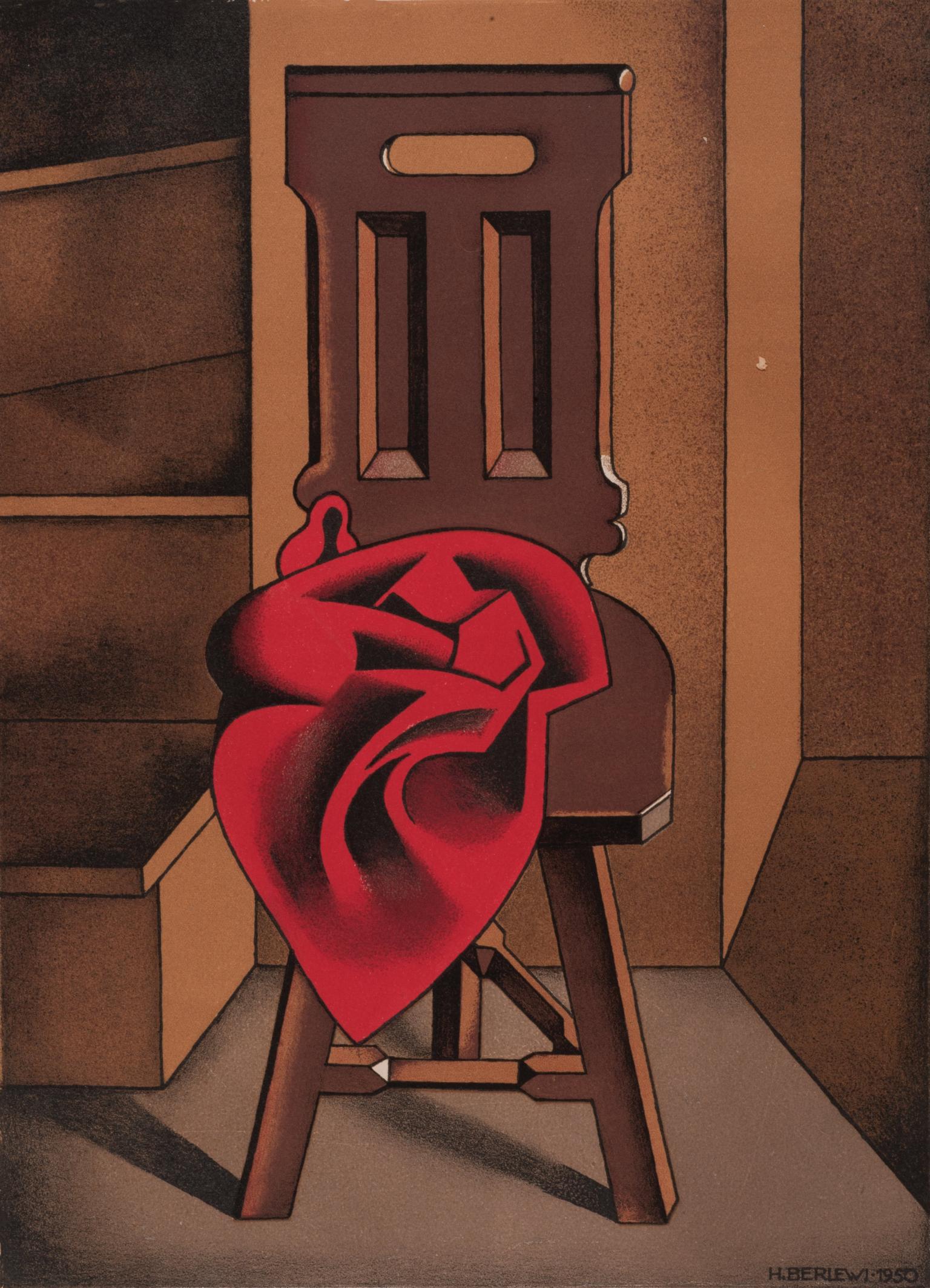 Lithograph featuring a chair in the center with an object with many folds on its seat, and a stairwell to the left.
