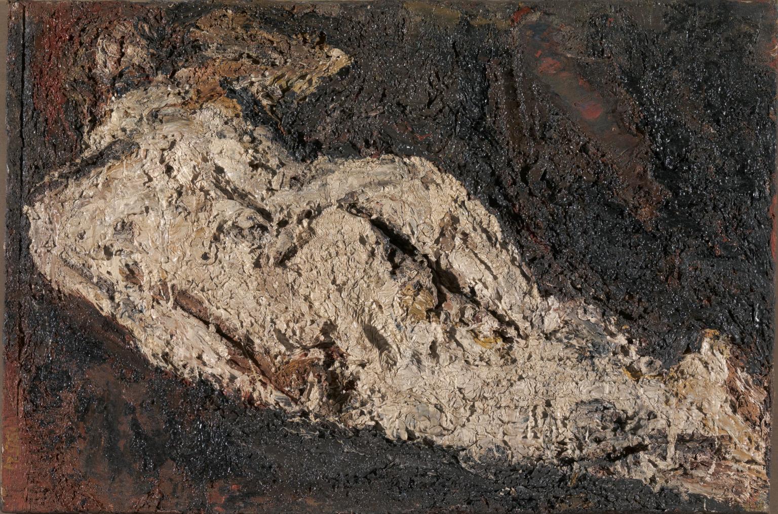Abstract painting of nude form lying down on side facing away from viewer.