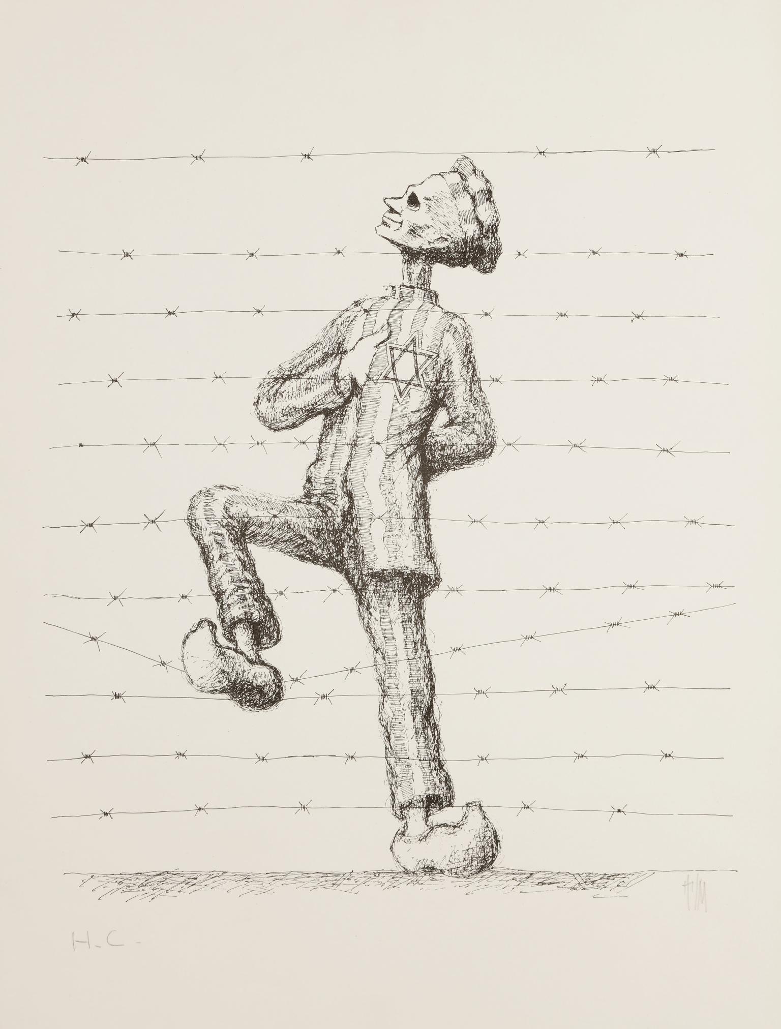 Drawing of full body profile of man behind barbed wire with foot propped on wire, dressed in prisoner uniform with Star of David badge on breast and right hand tucked in uniform.