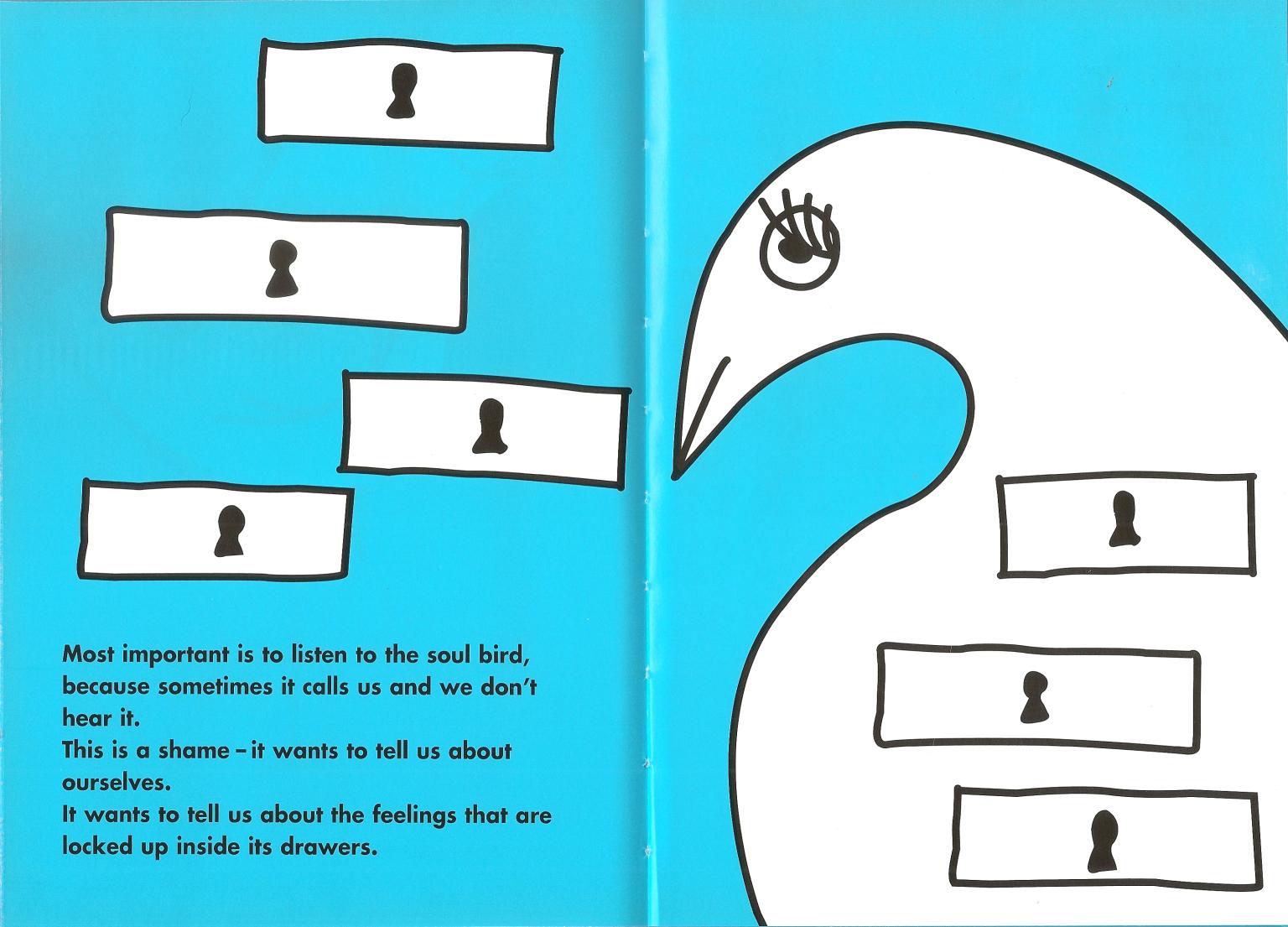Image of bird surrounded by rectangular boxes and English text on bottom left of page describing the soul bird. 