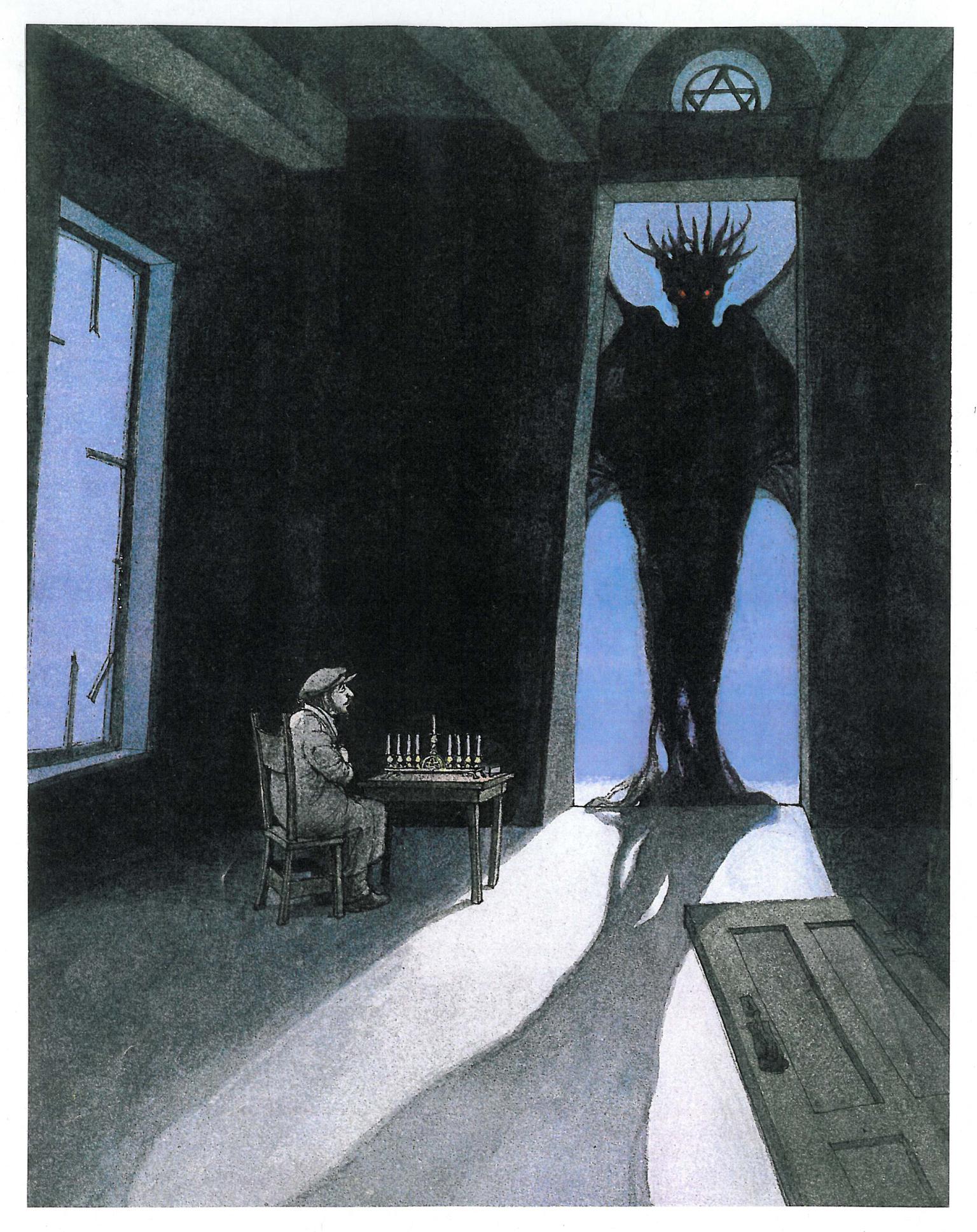 Illustration of shadow of monstrous figure in doorway of room marked by Jewish star on doorframe, where man sits at table with candelabrum on it. 