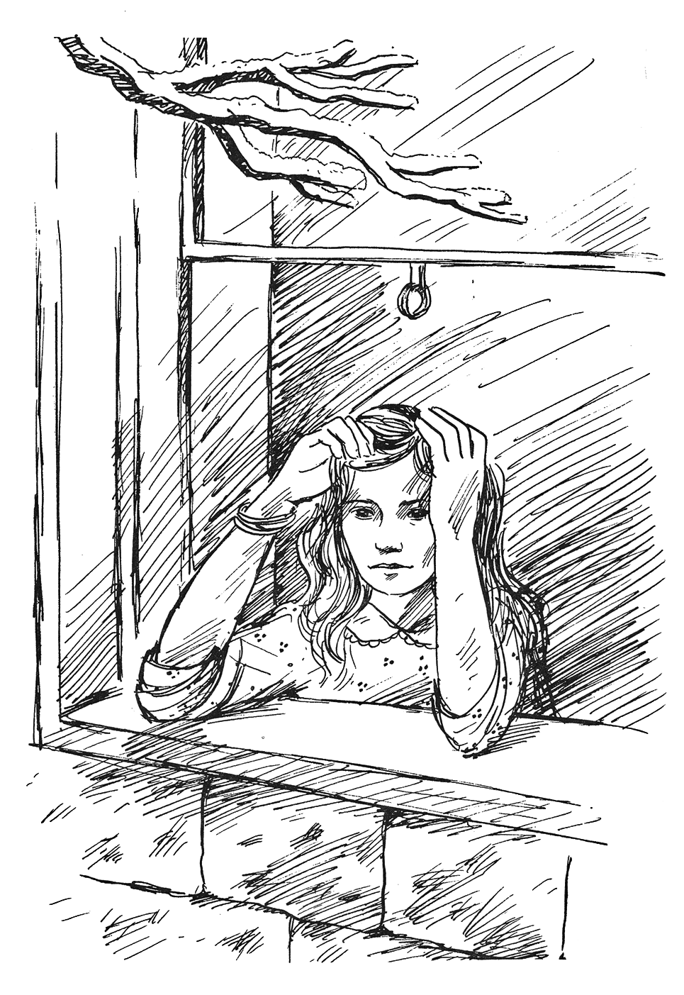 Drawing of a girl looking out an open window.