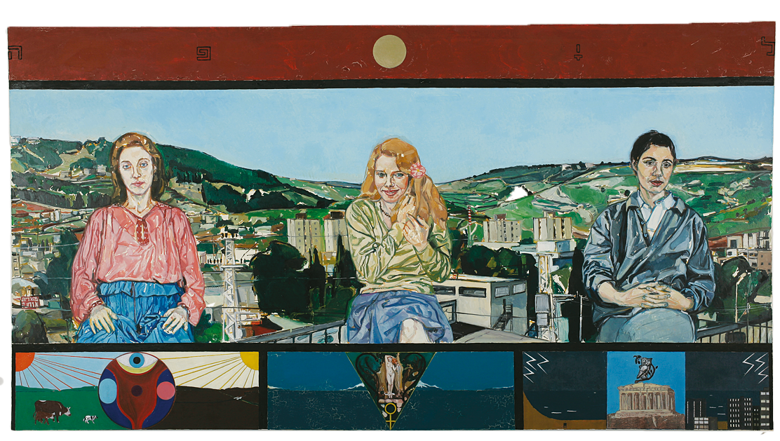 Painting depicting three women seated with buildings and hills behind them, above small set of images including cows and two suns on either side of an eye on left, a woman in triangle surrounded by snakes in center, and a building ruin with owl on right.