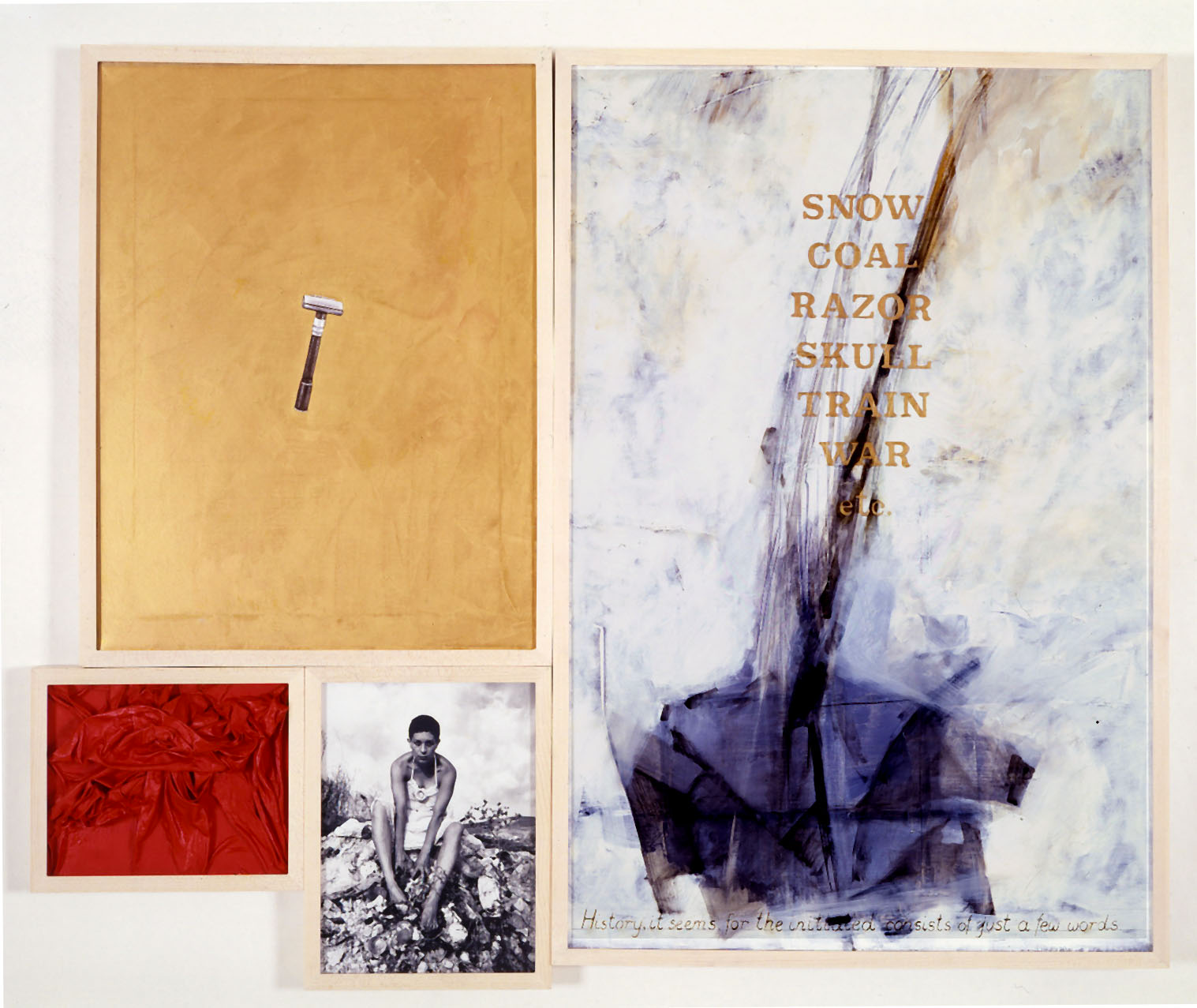 Four canvases of varying sizes with a razor on canvas on top left, English text and shadowy object on right, red fabric on middle left, and photograph of a seated woman on bottom left.