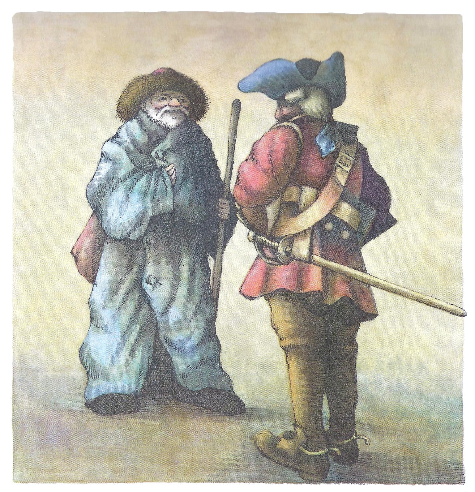 Painting of two figures facing each other, the one on the right in hat, military coat, and belt, and the one on the left in long robe and holding tall stick.