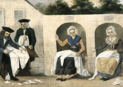 Painting of men cutting cloth and women sewing.