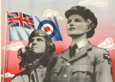 Women’s Auxiliary Air Force Recruitment Poster Poster featuring two women in uniform, one of whom is wearing a mask, in front of a flag, and Hebrew writing along the top and bottom.