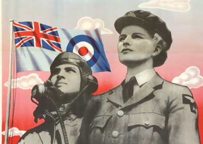 Poster featuring two women in uniform, one of whom is wearing a mask, in front of a flag, and Hebrew writing along the top and bottom. 